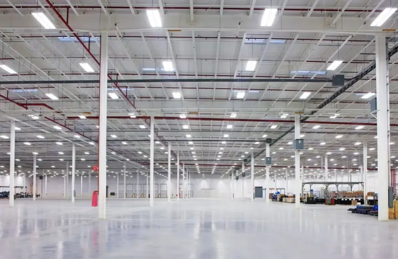 Indoor commercial and industrial lighting in a warehouse